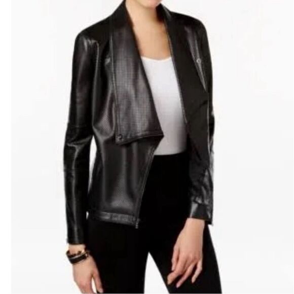Ann Klein perforated asymmetrical black leather jacket size 8, NWOT - Picture 1 of 10